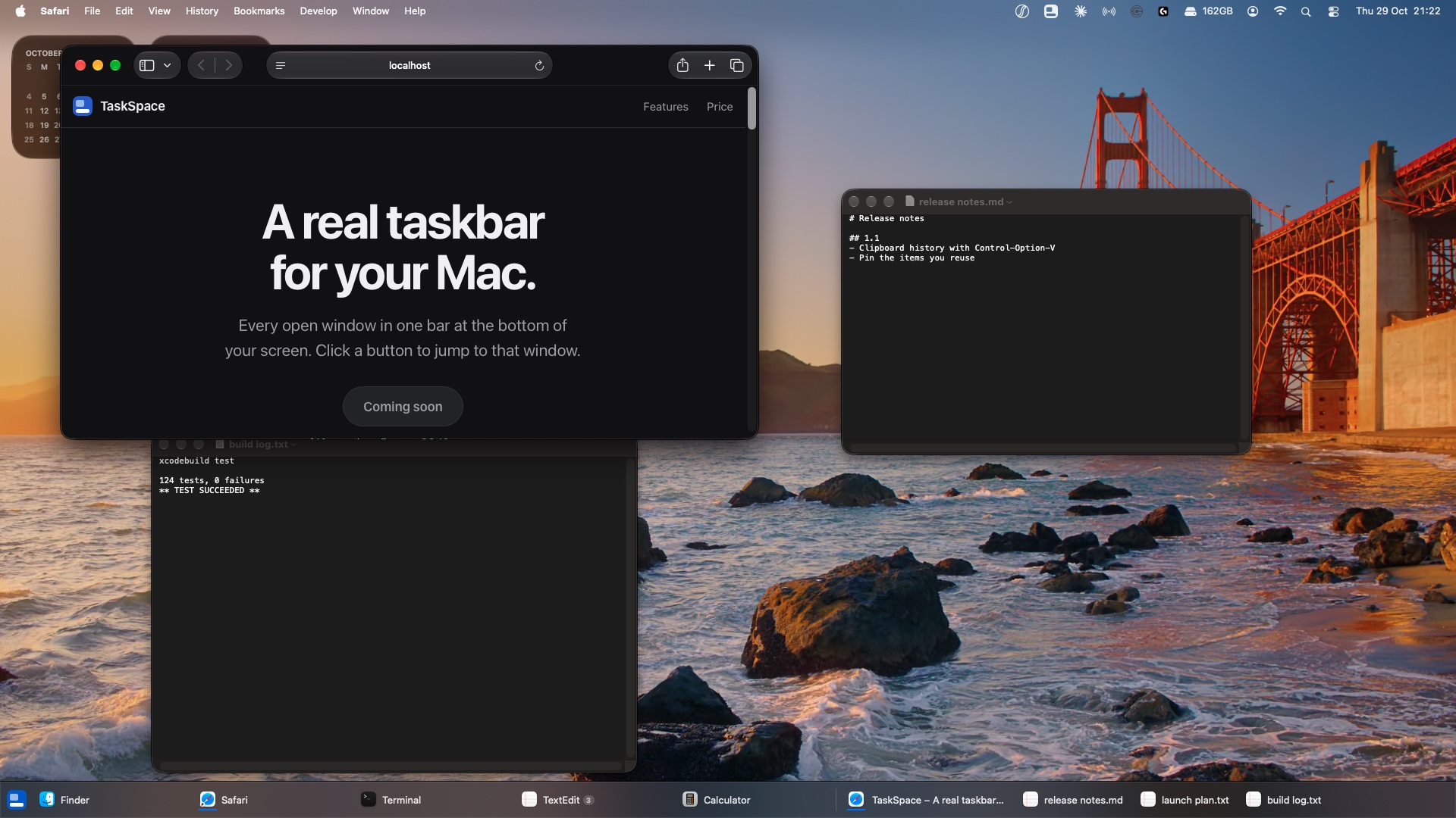 A Mac desktop with Safari, Terminal and TextEdit windows open. The TaskSpace bar runs along the bottom with pinned apps on the left and one button for each window, including a minimized one.