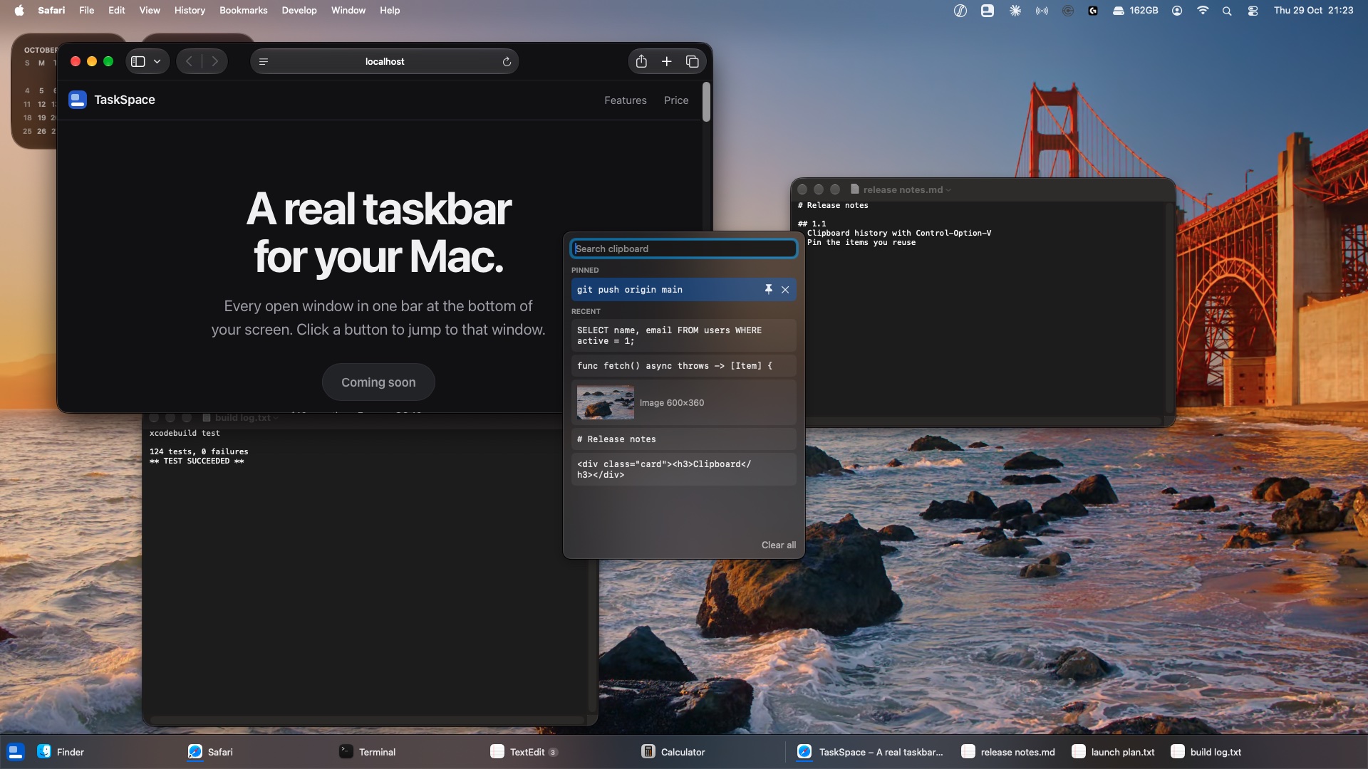 The TaskSpace clipboard pop-up in the middle of the screen. It lists a pinned command, recent code snippets and an image, with a search box on top.