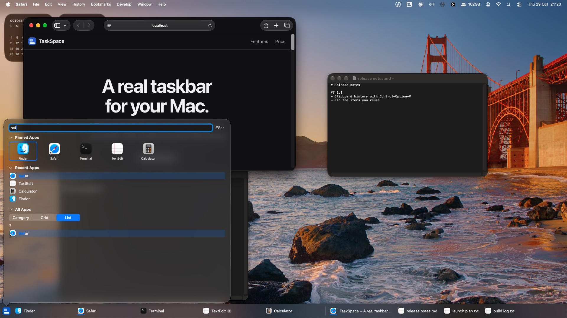 The TaskSpace start menu above the taskbar, with the letters saf typed in the search box and Safari highlighted.